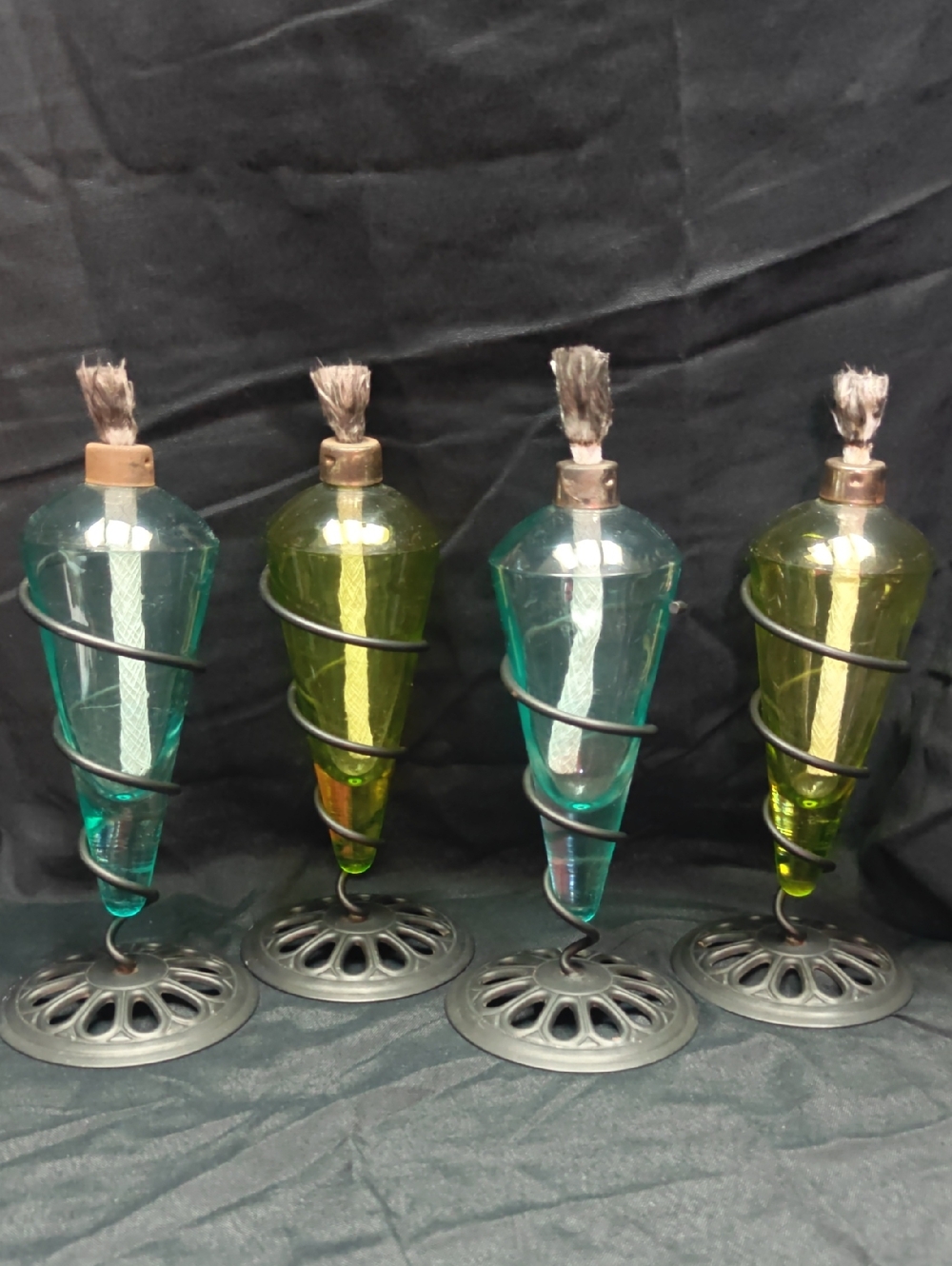 Set of 4 Colored Glass Oil Lamps - Teal and Olive